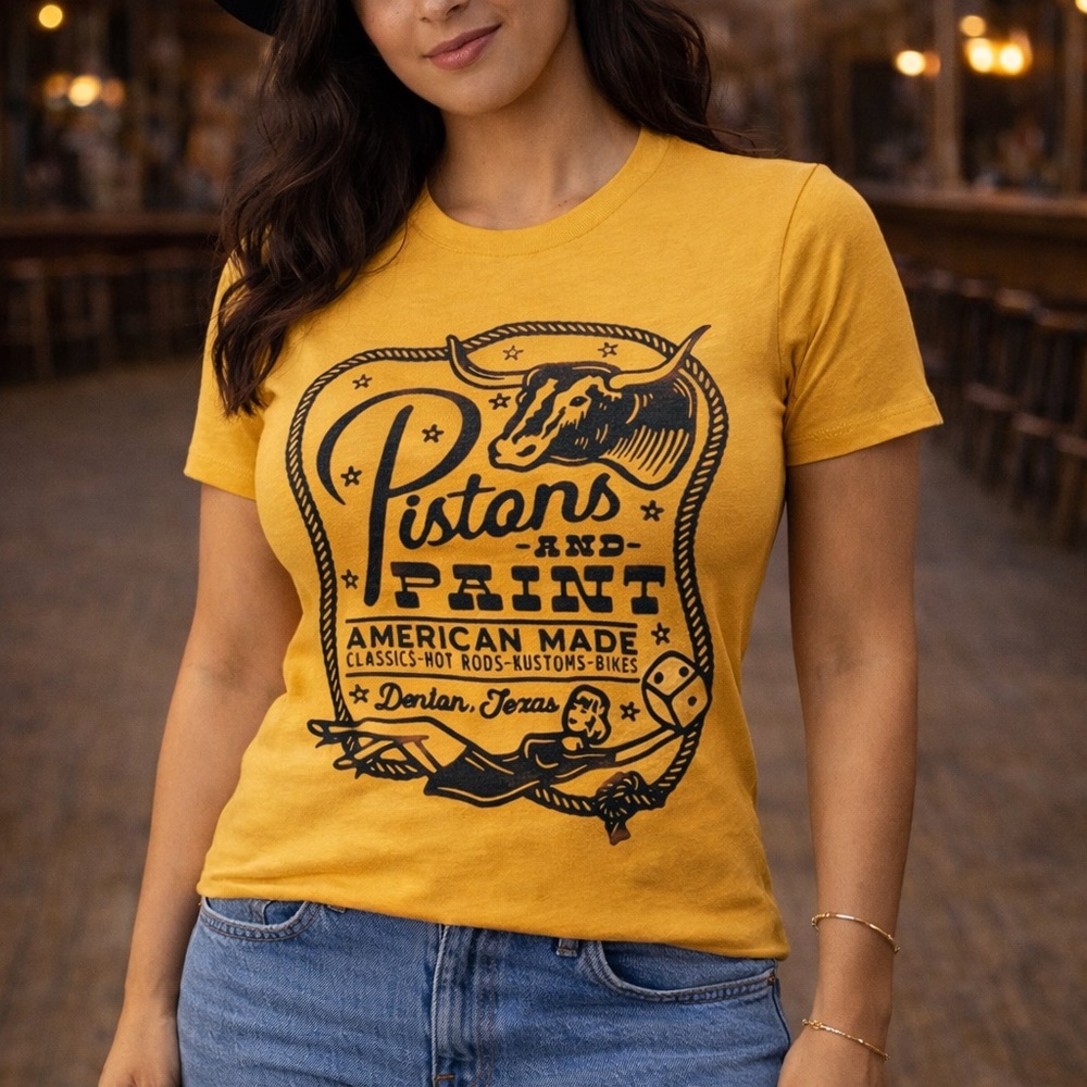 Pistons & Paint Denton Texas Cowgirl Soft Babydoll Shirt Sz SM